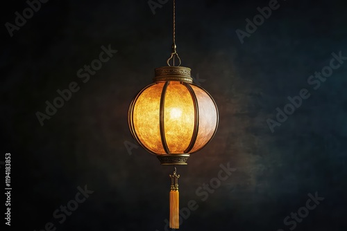 A traditional Chinese lantern glowing with soft light, adorned with gold tassels and reflecting cultural heritage. photo