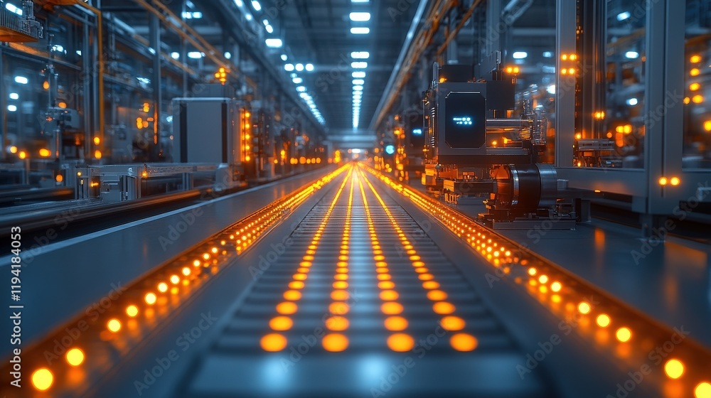 Illuminated Conveyor System in High-Tech Factory Showcasing Advanced Automation and Streamlined Production Workflow with Dynamic Lighting and Precision Machinery Components Illuminated Conveyor System in High-Tech Factory Showcasing Advanced Automation and Streamlined Production Workflow with Dynamic Lighting and Precision Machinery Components
