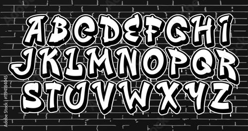 Graffiti font, street art typeface, hip hop type, grunge English alphabet featuring white, bold, outlined uppercase letters with a dynamic urban aesthetic. Vector teenage culture typography characters