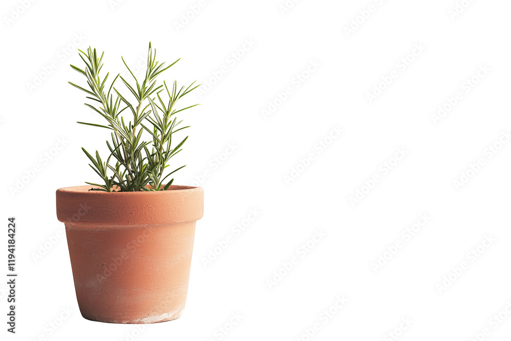Fototapeta premium Small Green Potted Herb Plant in a Clay Pot on a White Background