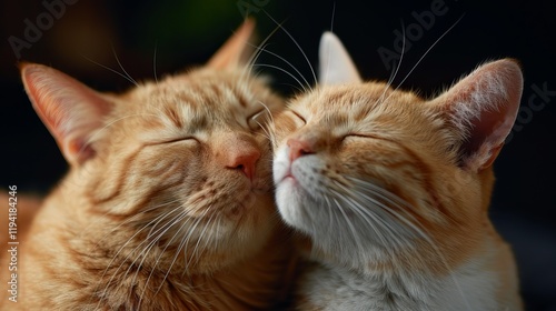 Two loving orange tabby cats gently nuzzle each other, showcasing their affection in a warm and cozy setting, radiating pure bliss. photo