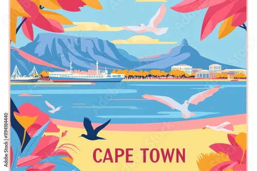 Stunning depiction of Cape Town showcasing Table Mountain, the V&A Waterfront, and beautiful beaches in warm pastel tones reflecting its natural beauty..