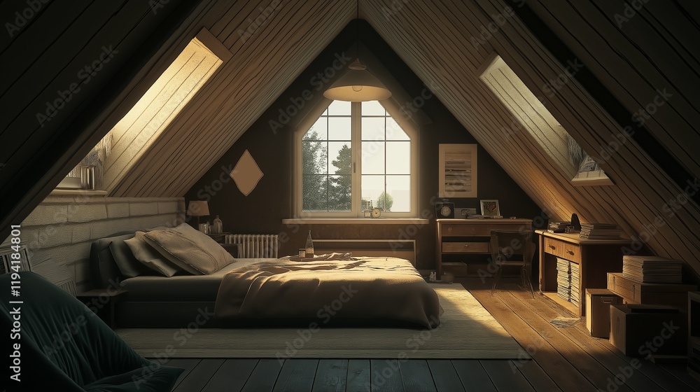Fototapeta premium A modern minimalist attic bedroom.