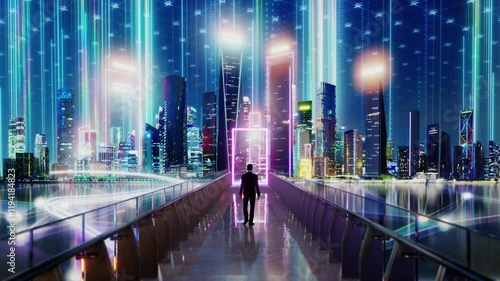 Businessman walking towards futuristic city skyline through digital portal