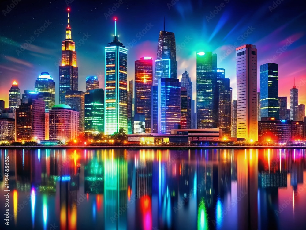Obraz premium Colorful City Skyline at Night, Abstract Urban Landscape, Low Light Architecture