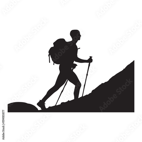 PrintHiking man Silhouettes. hiking man with rucksacks silhouette. hiker with backpack, vector silhouettes. mountaineer climber hiker people. Backpacker. walking with the aid of trekking poles.