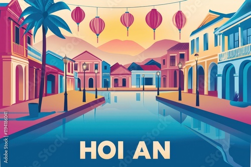 Vibrant depiction of Hoi An featuring lantern-lit streets, colorful buildings, and the Thu Bon River in warm pastel tones reflecting its lively and romantic charm.. photo