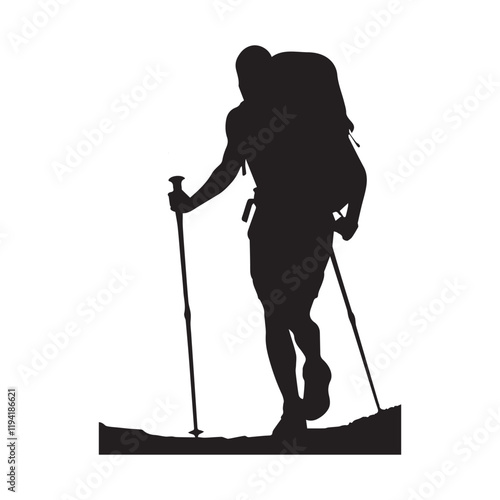 PrintHiking man Silhouettes. hiking man with rucksacks silhouette. hiker with backpack, vector silhouettes. mountaineer climber hiker people. Backpacker. walking with the aid of trekking poles.