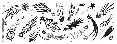 Doodle space shooting stars with trails, hand drawn starburst silhouettes in the night sky. Vectors set of black meteors or asteroids. Cosmic falling comets with traces, streaks of light, magic energy