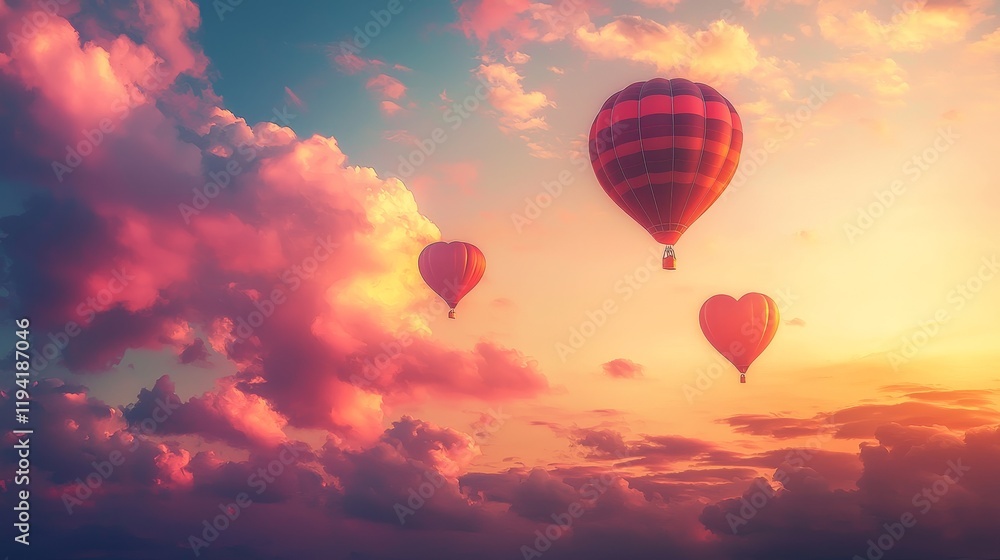 Obraz premium Heart-shaped clouds in a sunset sky, hot air balloons shaped like hearts floating, vibrant warm colors, romantic fantasy vibe