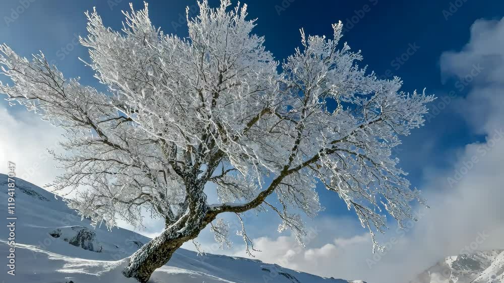 Snow covered tree standing against a clear sky in a winter landscape, A tree covered with snow Snow covered tree standing against a clear sky in a winter landscape, A tree covered with snow