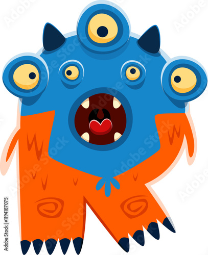 Halloween font letter R bizarre monster character. Silly fantasy creature font letter, bizarre Halloween many eyed monster personage vector English alphabet symbol or alien animal ABC typeset element