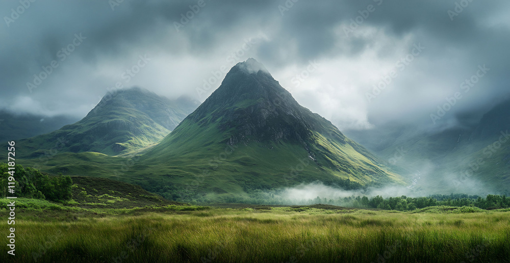 Fototapeta premium Misty Scottish Highlands peak, valley fog, dramatic sky, landscape photography, travel