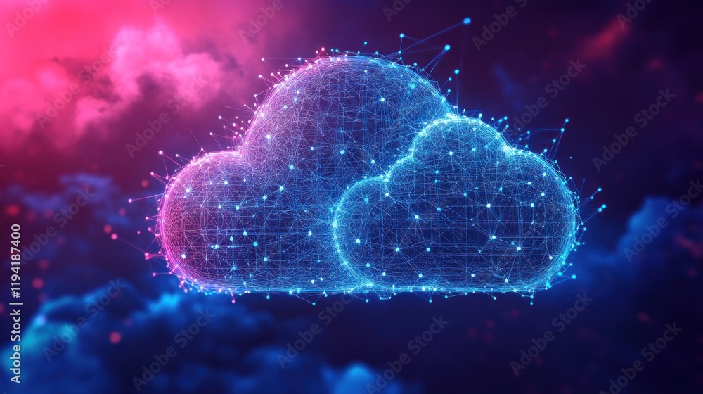 A digital cloud representation with a network of glowing connections against a colorful background. A digital cloud representation with a network of glowing connections against a colorful background.