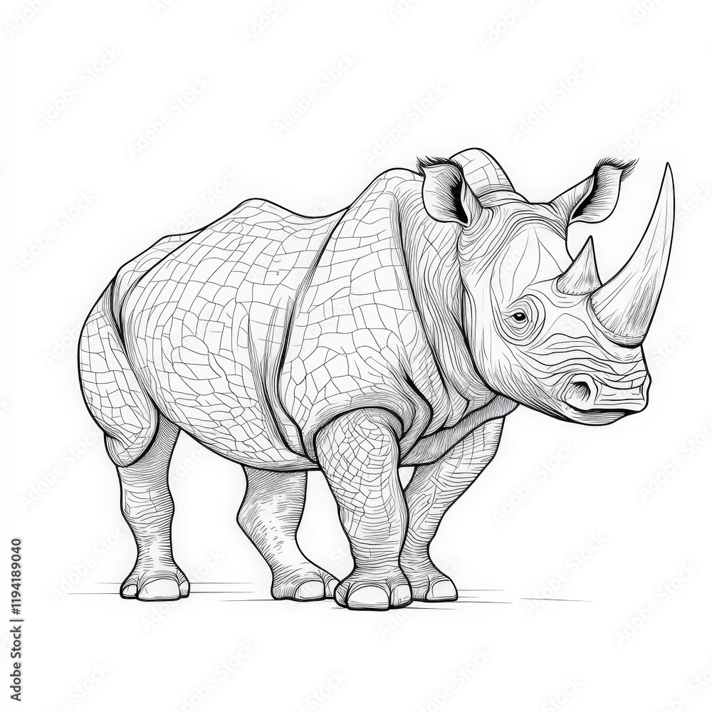 Fototapeta premium Detailed Line Art Illustration of a Rhino Exhibiting Unique Textures and Strong Features in a Creative Black and White Style for Artistic Purposes