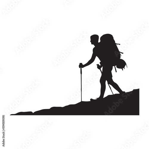 PrintHiking man Silhouettes. hiking man with rucksacks silhouette. hiker with backpack, vector silhouettes. mountaineer climber hiker people. Backpacker. walking with the aid of trekking poles.