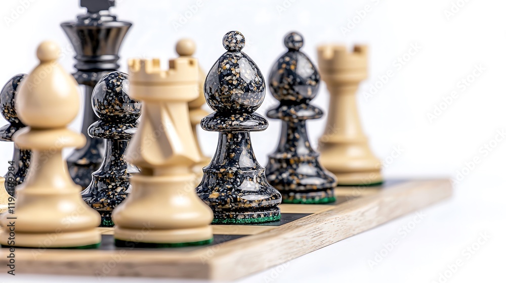 An engaging close-up of a metal and stone chess set that captures the elegance of the pieces and the craftsmanship involved in their design. The interplay of light and shadow on the surfaces adds An engaging close-up of a metal and stone chess set that captures the elegance of the pieces and the craftsmanship involved in their design. The interplay of light and shadow on the surfaces adds