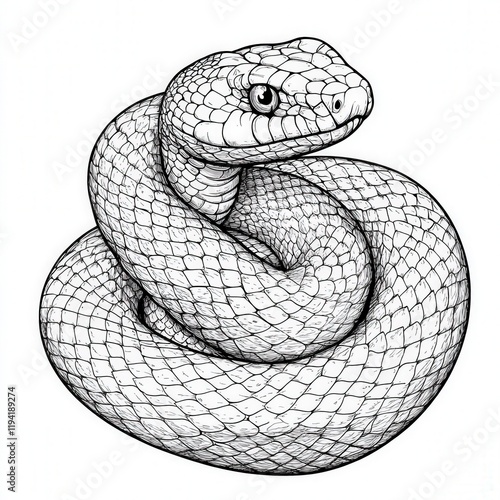 Detailed Line Art of a Coiled Snake Displaying Intricate Scales and Realistic Features for Botanical and Wildlife Illustrations or Educational Materials