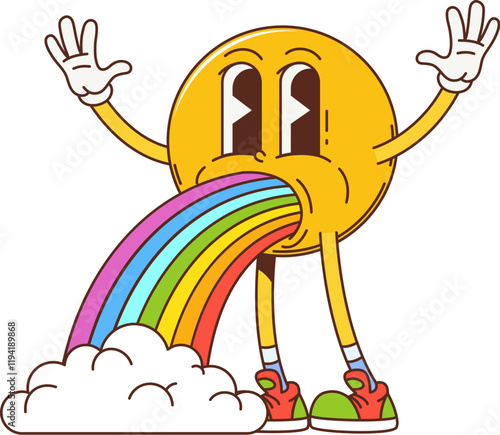 Groovy yellow smile face retro hippie character with rainbow barf emanating joy and peace. Vector funky emoji personage, psychedelic emoticon vomiting a rainbow with clouds, highlighting nostalgic fun