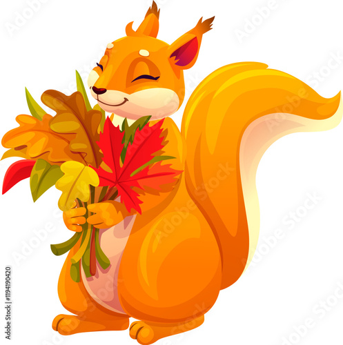 Squirrel cartoon character with autumn leaves as funny wild animal, vector personage. Happy squirrel holding bunch of oak and maple leaf for autumn or fall season and cheerful cute wild forest animal