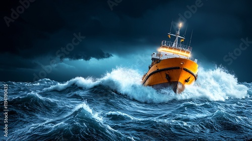 Satellite Ship Tracking concept. A bright orange rescue ship navigates turbulent waves under a dark, stormy sky, showcasing the power of the sea. photo