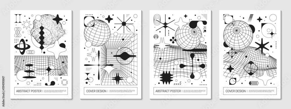 Abstract brutal posters featuring geometric shapes, distorted figures, wireframe grid and minimalist monochrome brutalist art. Vector modern, retro futuristic templates, covers or backgrounds