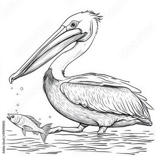 Elegant Black and White Illustration of a Pelican Standing Gracefully on Water with a Small Fish Swimming Nearby in a Natural Aquatic Environment
