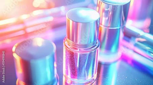 Love-themed cosmetic product line, glowing holographic elements, AI-designed patterns, futuristic feel