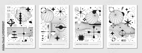 Abstract brutal posters featuring geometric shapes, distorted figures, wireframe grid and minimalist monochrome brutalist art. Vector modern, retro futuristic templates, covers or backgrounds