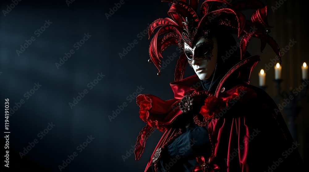 A single character in an extravagant Carnival of Venice mask and costume, standing on the left side of the frame, the figure illuminated by a soft spotlight A single character in an extravagant Carnival of Venice mask and costume, standing on the left side of the frame, the figure illuminated by a soft spotlight
