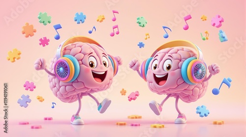 A playful depiction of cartoon brains with headphones dancing among puzzle pieces and music notes, symbolizing brain stimulation, mental health, and the uplifting power of music.