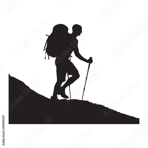 PrintHiking man Silhouettes. hiking man with rucksacks silhouette. hiker with backpack, vector silhouettes. mountaineer climber hiker people. Backpacker. walking with the aid of trekking poles.