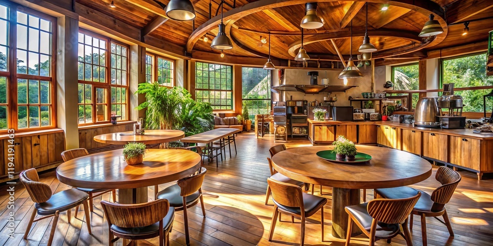 Fototapeta premium Cozy Coffee Shop Interior: Round Building Design, Wooden Tables, Warm Lighting