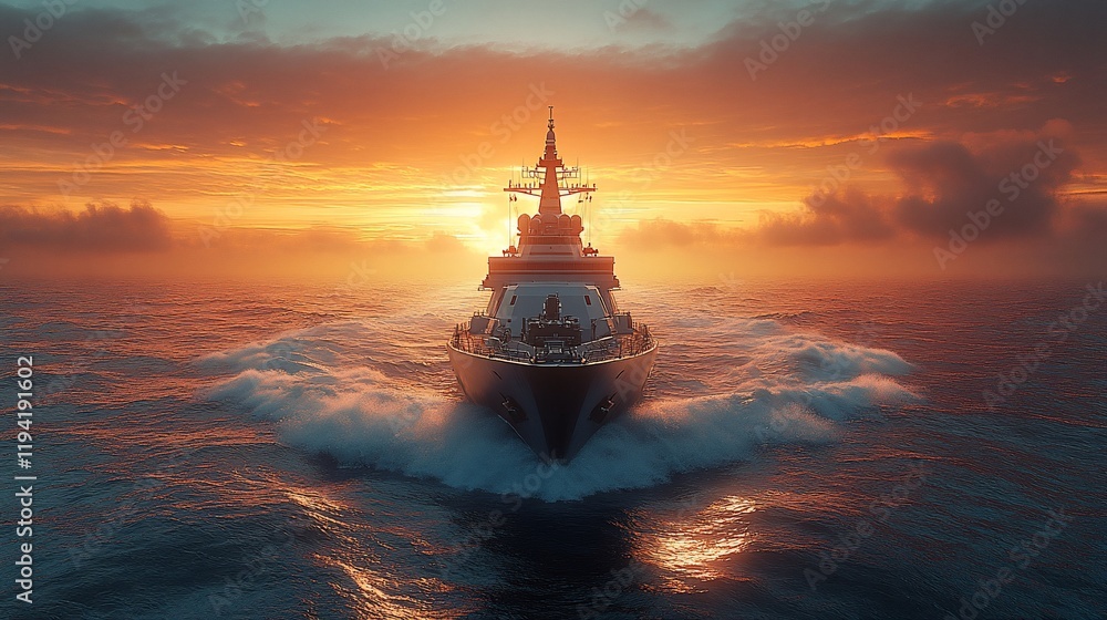 Obraz premium Warship sailing at sunset, ocean waves, dramatic sky.