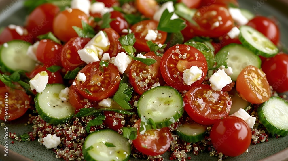 A visually striking close-up of a quinoa salad, featuring vibrant cherry tomatoes, refreshing cucumber pieces, and sprinkled feta cheese, all elegantly displayed on a contemporary plate. The solid A visually striking close-up of a quinoa salad, featuring vibrant cherry tomatoes, refreshing cucumber pieces, and sprinkled feta cheese, all elegantly displayed on a contemporary plate. The solid