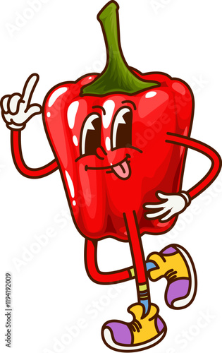 Cartoon groovy pepper vegetable character on fitness sport, vector retro comic. Groovy red bell pepper paprika with happy face and funky tongue out smile with cool gesture on sport exercise training