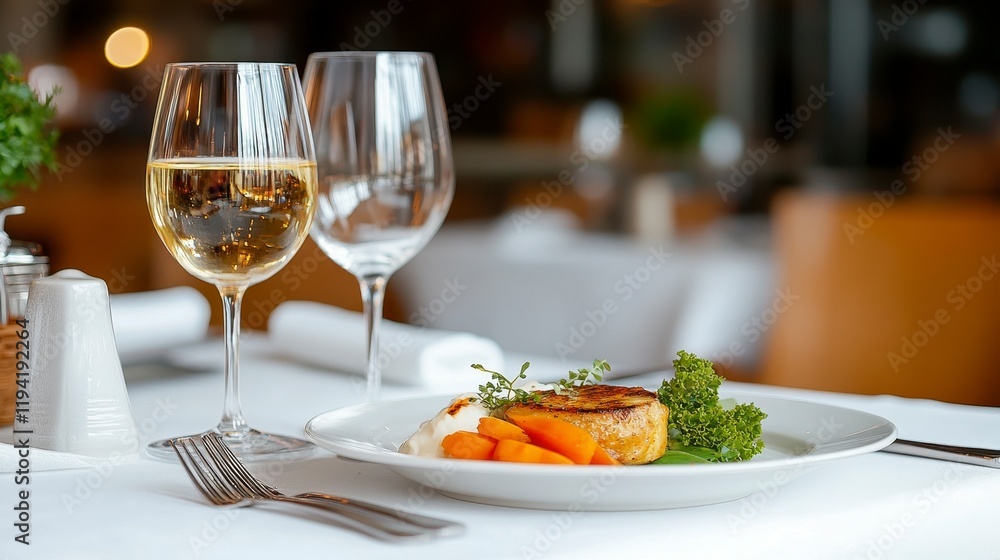 Elegant dining setting featuring a gourmet dish with wine glasses in a modern restaurant Elegant dining setting featuring a gourmet dish with wine glasses in a modern restaurant