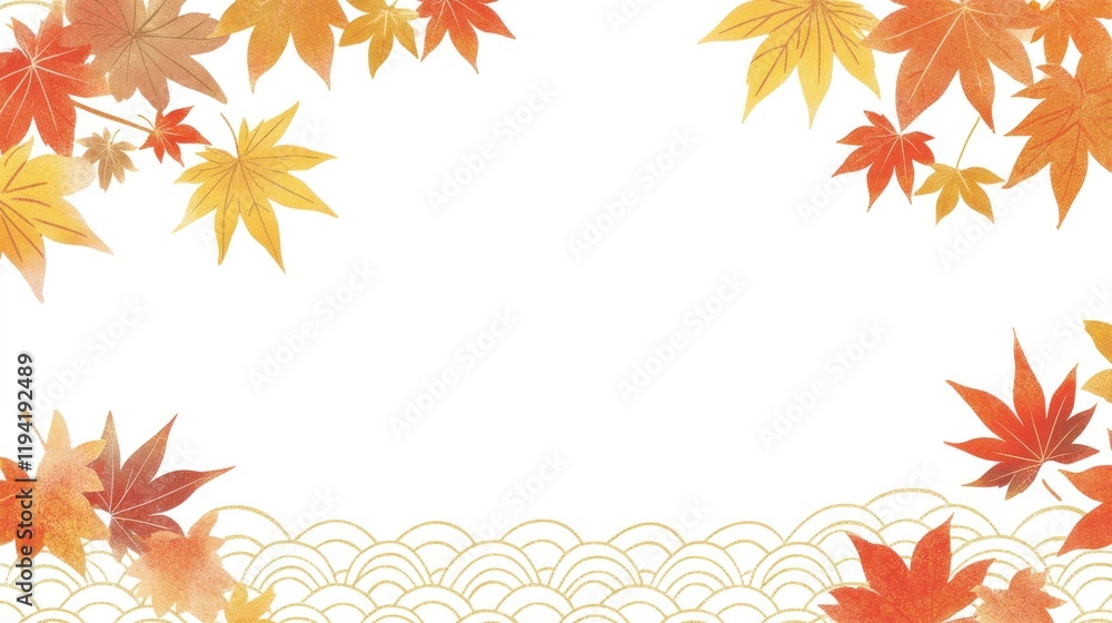 Autumn Maple Leaves Watercolor Design Gold Wave Pattern Background Autumn Maple Leaves Watercolor Design Gold Wave Pattern Background