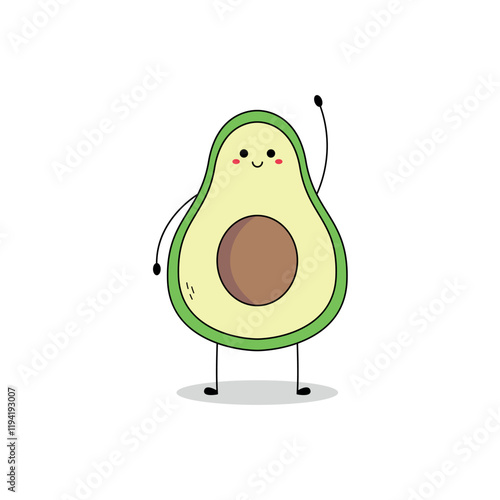 Cute avocado cartoon character waving hand hi doodle