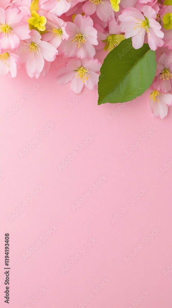 Fototapeta premium Delicate pink blossoms gently arranged on soft pink background create serene springtime aesthetic. AI Generated