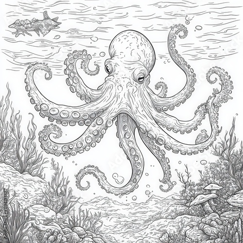 Intricate Line Art of an Octopus Surrounded by Coral Reef, Swim Fish in Ocean Depths, Black and White Sketch Illustration for Marine Life Enthusiasts