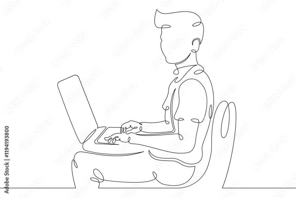 Naklejka premium A small child sits at a laptop on the Internet, plays at the computer. One continuous drawing line, logo single hand drawn art doodle isolated minimal illustration.