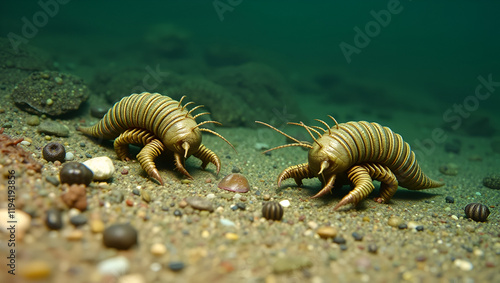 description: Minimalist trilobites scavenging on the lake bottom photo