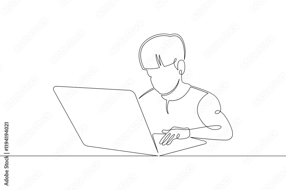 A small child sits at a laptop on the Internet, plays at the computer. One continuous drawing line, logo single hand drawn art doodle isolated minimal illustration. A small child sits at a laptop on the Internet, plays at the computer. One continuous drawing line, logo single hand drawn art doodle isolated minimal illustration.