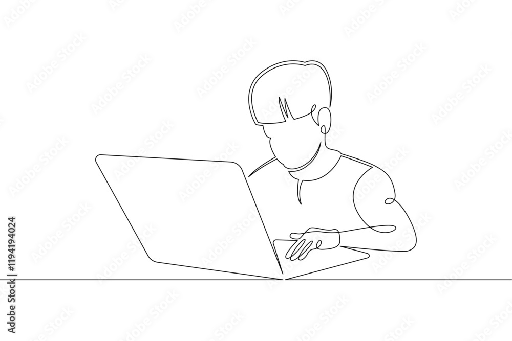 A small child sits at a laptop on the Internet, plays at the computer. One continuous drawing line, logo single hand drawn art doodle isolated minimal illustration. A small child sits at a laptop on the Internet, plays at the computer. One continuous drawing line, logo single hand drawn art doodle isolated minimal illustration.