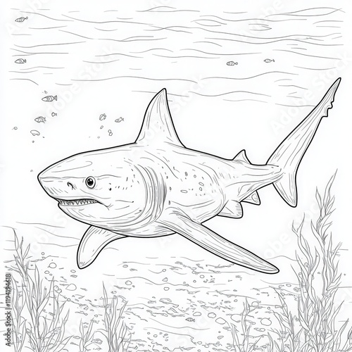 Realistic Illustration of a Shark Swimming Underwater Among Marine Life with Seaweed in a Vibrant Ocean Environment