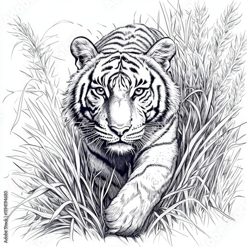 Striking Illustration of a Majestic Tiger Stepping Through Lush Grass in a Black and White Artistic Rendering, Showcasing Powerful Features and Intense Expression