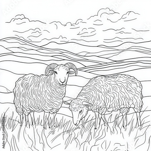 Two Grazing Sheep in a Serene Countryside Landscape with Rolling Hills and Fluffy Clouds Under a Clear Sky, Captured in Detailed Line Art Style