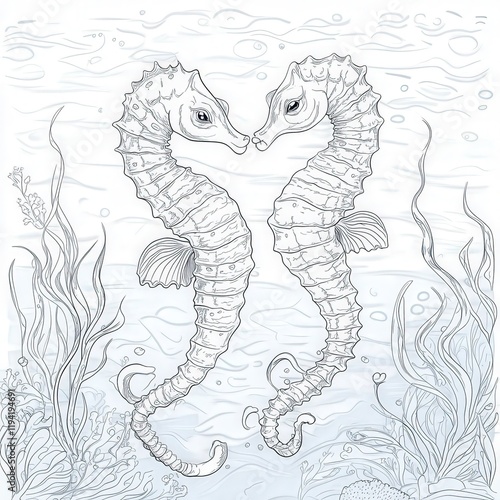 Two Elegant Seahorses Embracing Each Other Underwater with Delicate Coral and Sea Plants in a Serene Ocean Background