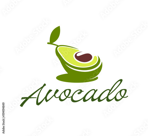 Avocado icon featuring a halved fruit with seed and leaf, symbolizing freshness and health. Isolated vector modern minimal emblem or label for branding in eco food, nutrition, or wellness industries